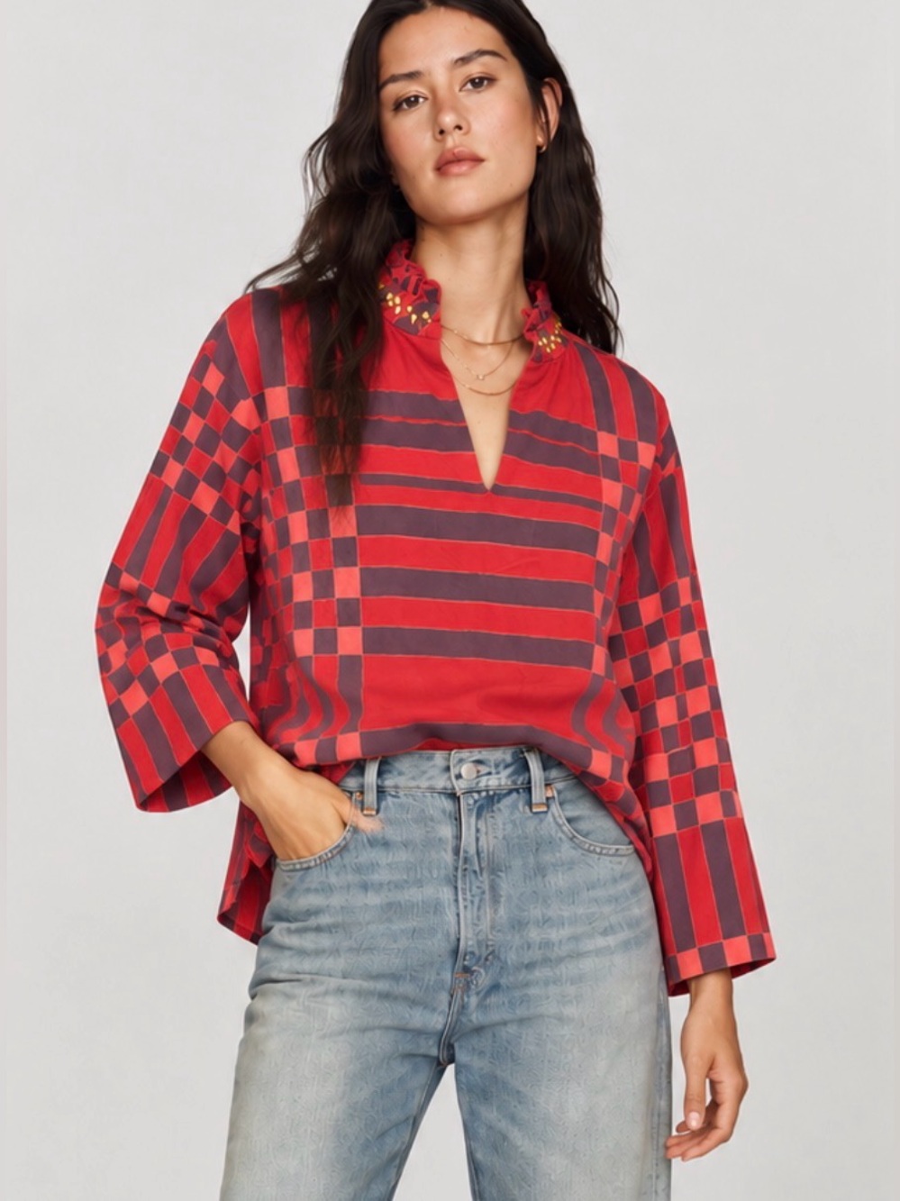 Sheridan French Liv Blouse | Medium | Embellished Collar | Designer Tunic Top